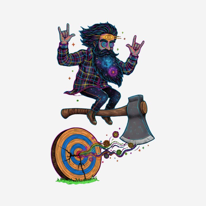 Cosmic Lumberjack Axe Trip design close-up